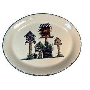 Home & Garden Party Birdhouse Oval‎ Stoneware Platter made in the USA Vintage